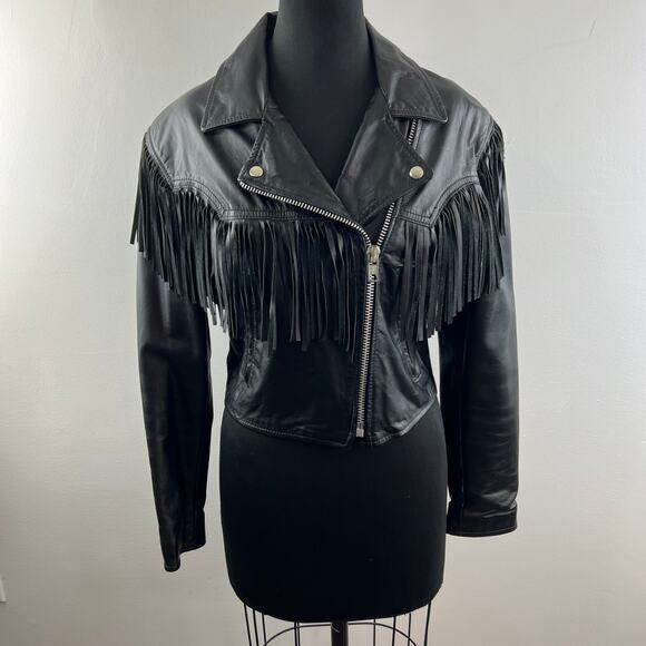 VINTAGE Fidelity Black Cropped Moto Jacket Leather Fringed Notch Lapel Zip 12 - Picture 2 of 11